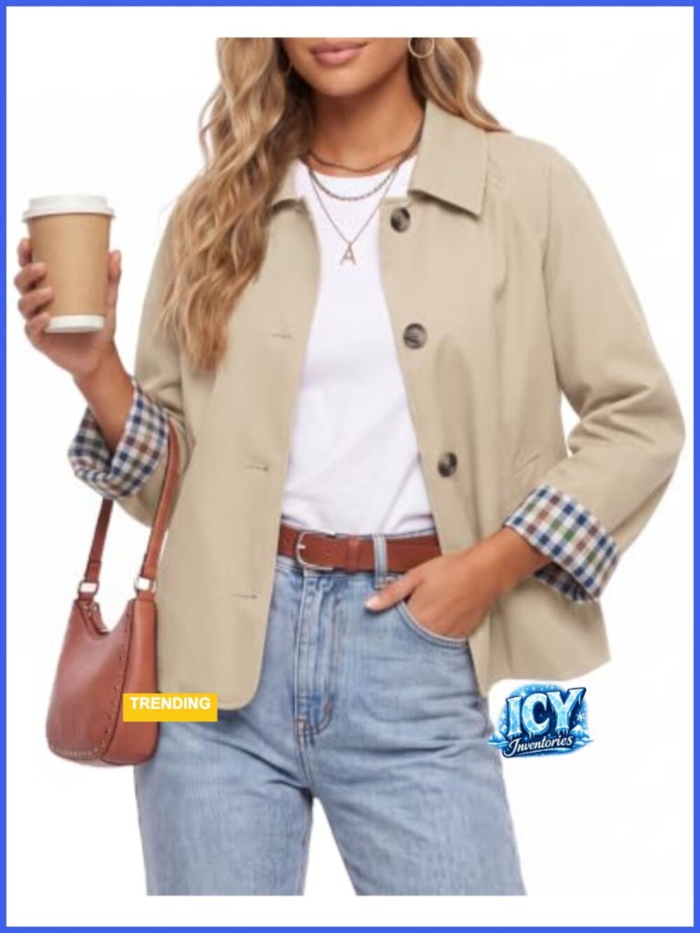 Cropped Trench Coat Women's Plaid Lining Long Sleeve Button Down Lapel Collar